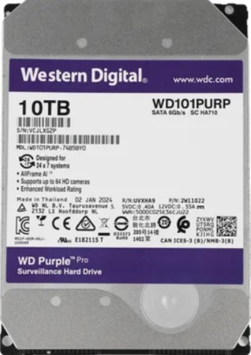 Жесткий диск WD SATA-III 10TB WD101PURP Surveillance Purple Pro (7200rpm) 256Mb 3.5"