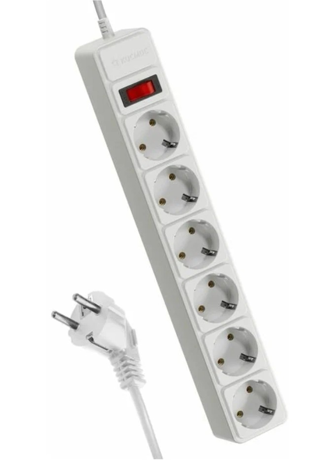 Удлинитель с сетевым фильтром 6х5м с заземл. бел 16А IP20 3.5кВт 3х1 с предохранителем с выкл. с инд