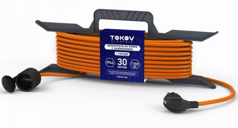 Удлинитель-шнур на рамке 1х30м с заземл. 6А IP44 3х0.75 с защ. крышкой TOKOV ELECTRIC TKE-SR30-075-Z