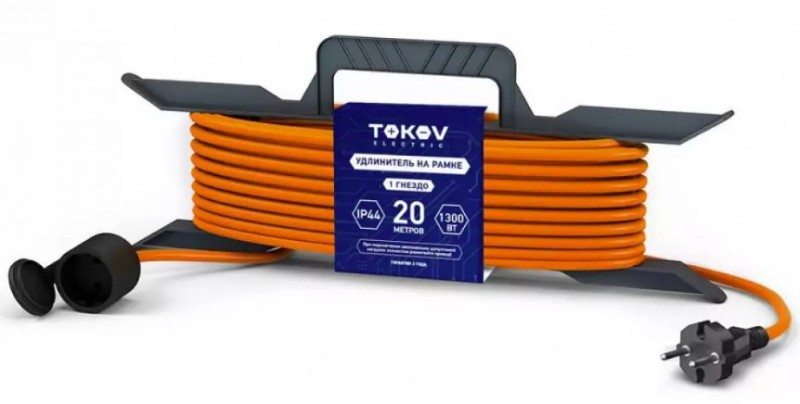 Удлинитель-шнур на рамке 1х20м без заземл. 6А IP44 2х0.75 с защ. крышкой TOKOV ELECTRIC TKE-SR20-075