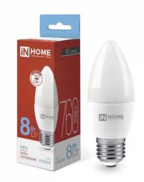 Лампа светодиодная LED-СВЕЧА-VC 8Вт свеча 230В E27 6500К 760лм IN HOME 4690612024820