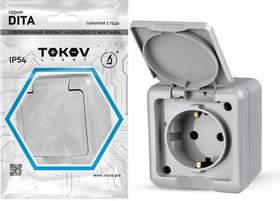 Розетка 1-м ОП Dita 16А IP54 250В с заземл. с крышкой сер. TOKOV ELECTRIC TKL-DT-R1Z-C06-IP54