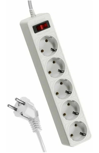 Удлинитель с сетевым фильтром 5х5м с заземл. 10А IP20 2.2кВт ПВС 3х0.75 с выкл. с индикатором сети б